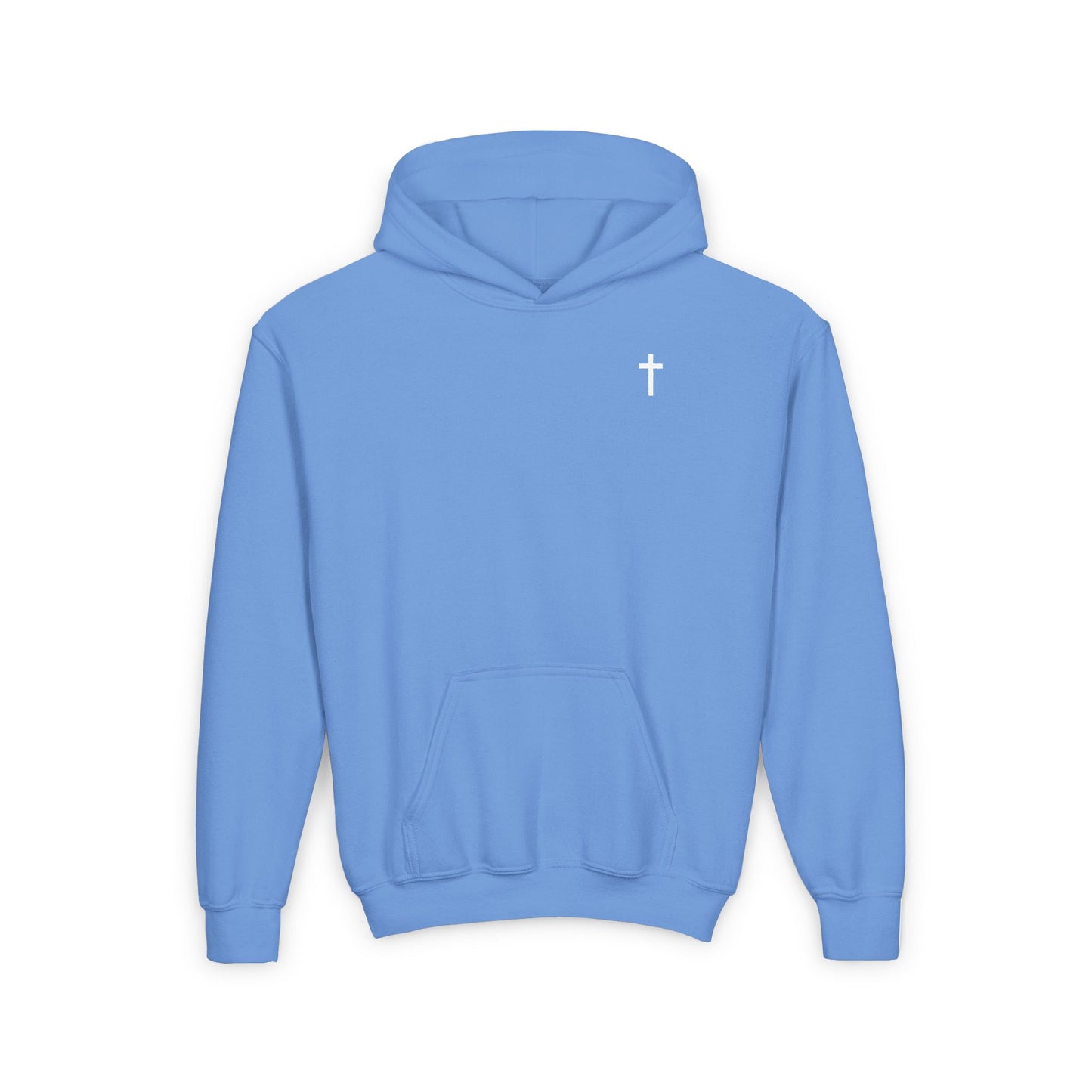 Kids Simple Christian Hooded Sweatshirt with White Cross (Gildan Product)