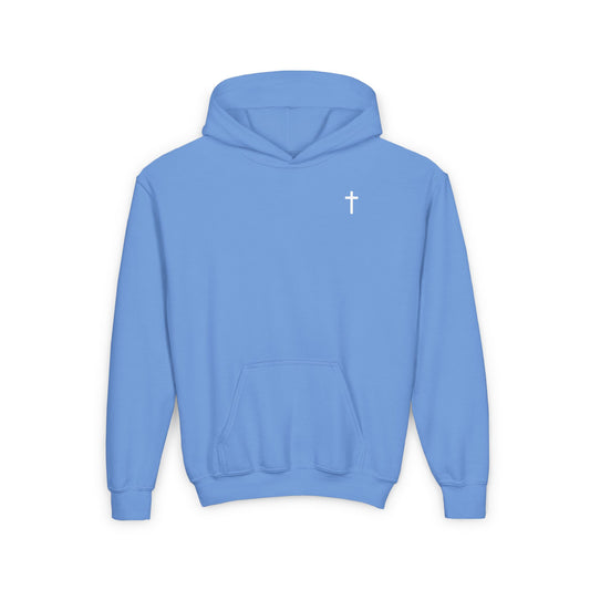 Kids Simple Christian Hooded Sweatshirt with White Cross (Gildan Product)