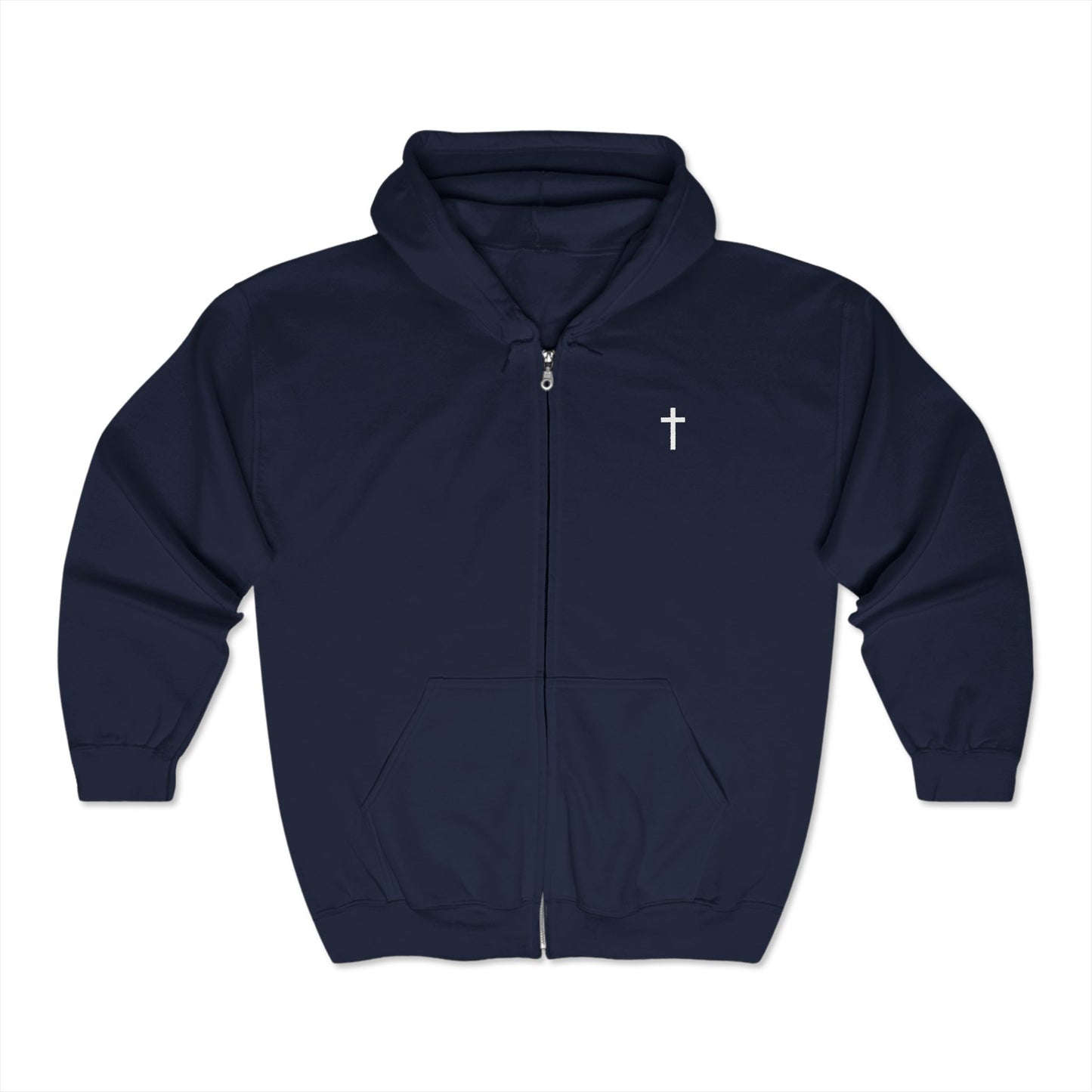 Unisex Simple Christian Full Zip Hooded Sweatshirt with White Cross