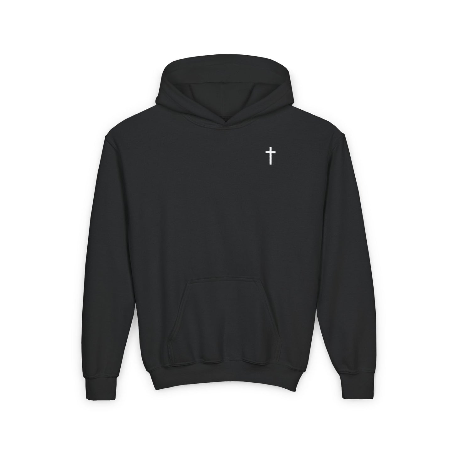 Kids Simple Christian Hooded Sweatshirt with White Cross (Gildan Product)