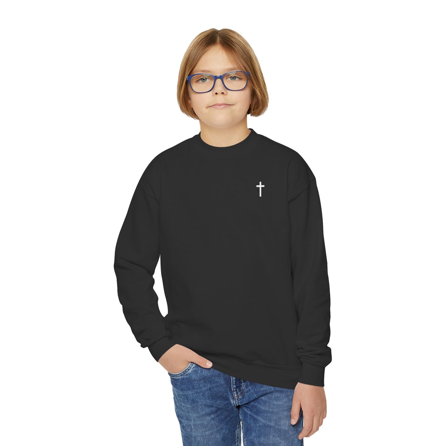 Kids Simple Christian Crewneck Sweatshirt with White Cross (Gildan Product)