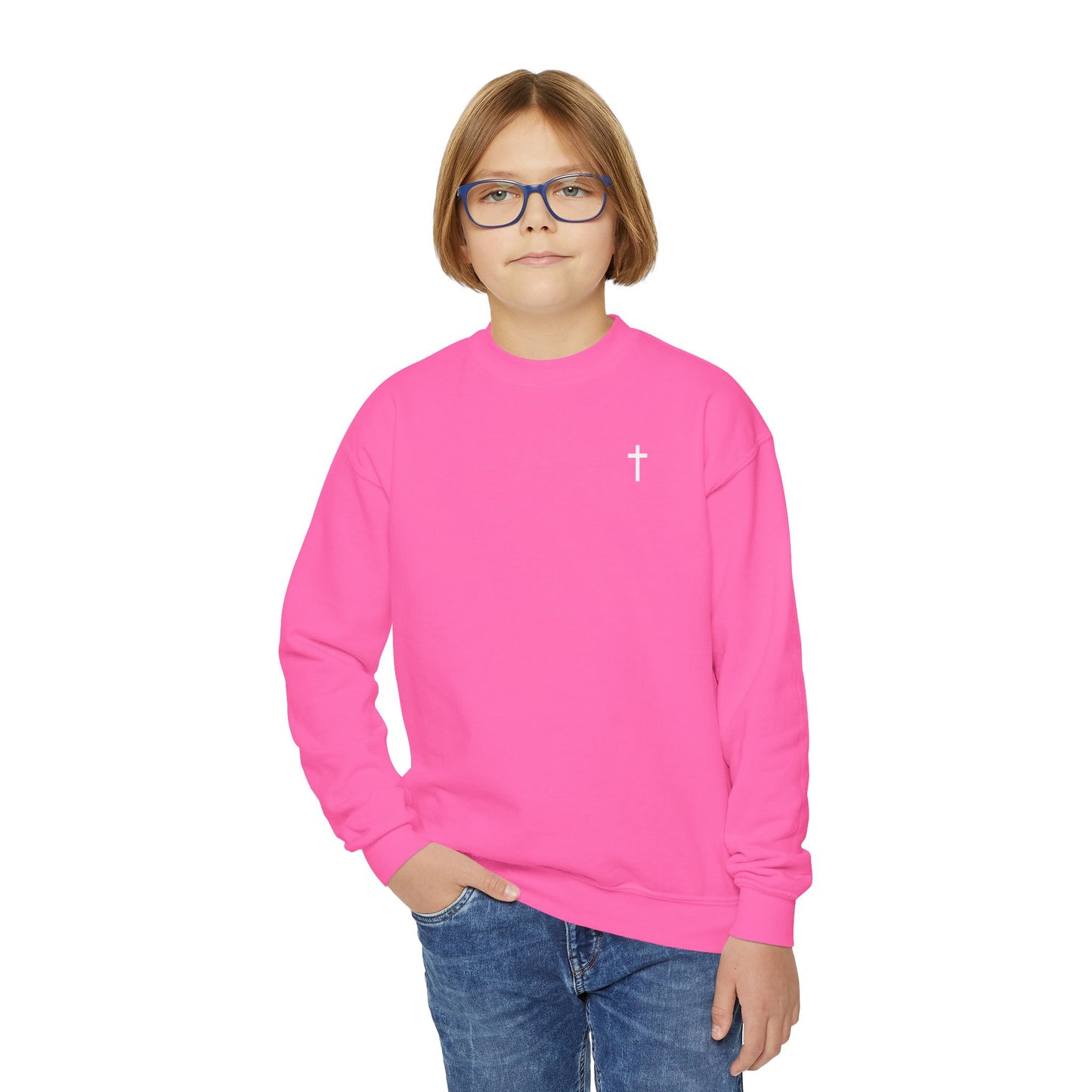 Kids Simple Christian Crewneck Sweatshirt with White Cross (Gildan Product)