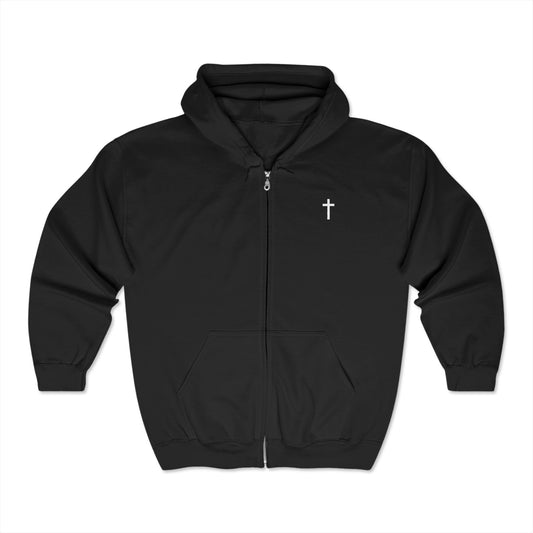 Unisex Simple Christian Full Zip Hooded Sweatshirt with White Cross