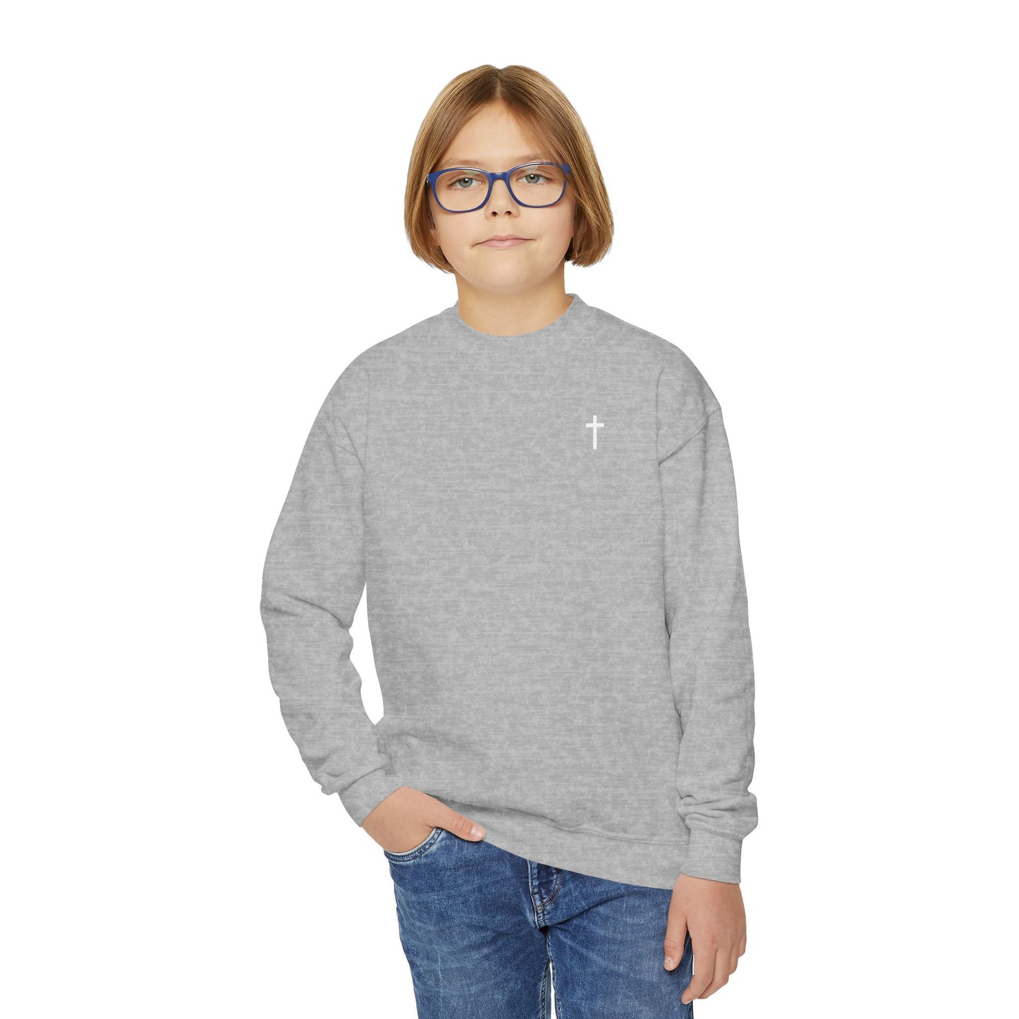 Kids Simple Christian Crewneck Sweatshirt with White Cross (Gildan Product)