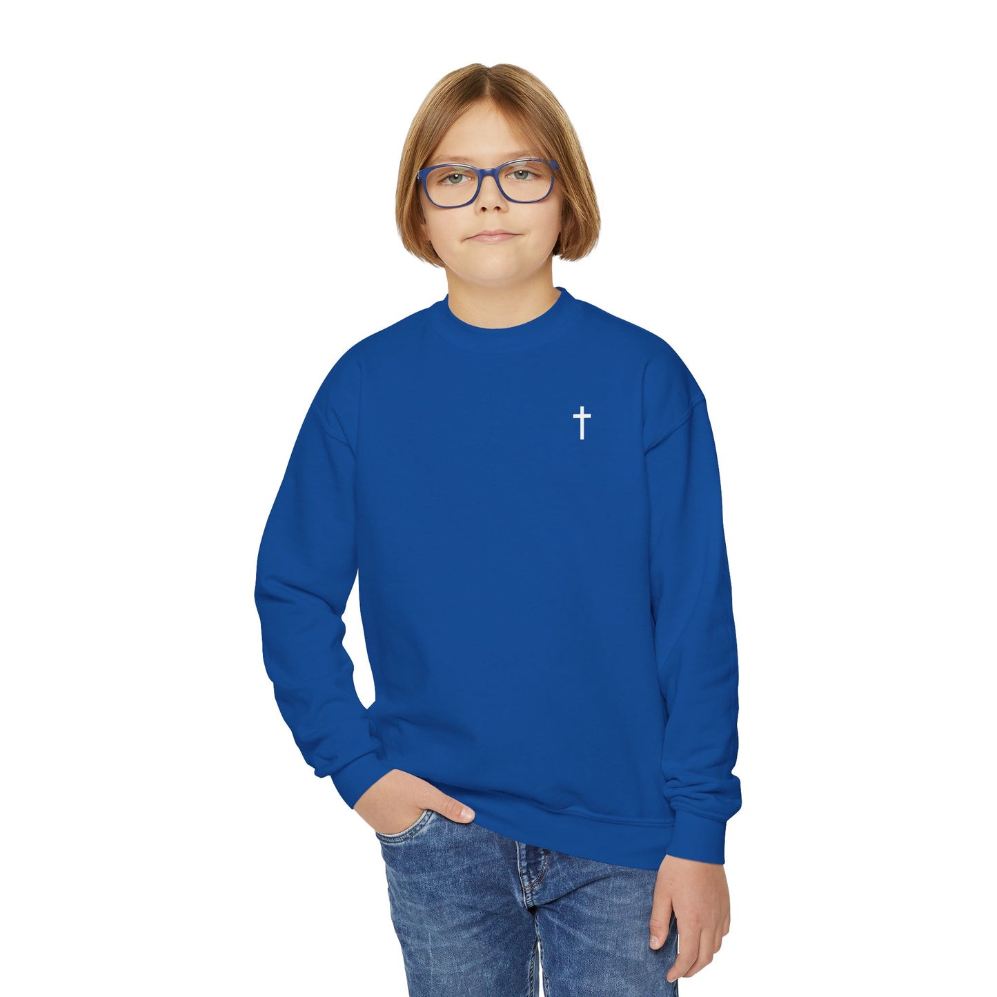 Kids Simple Christian Crewneck Sweatshirt with White Cross (Gildan Product)