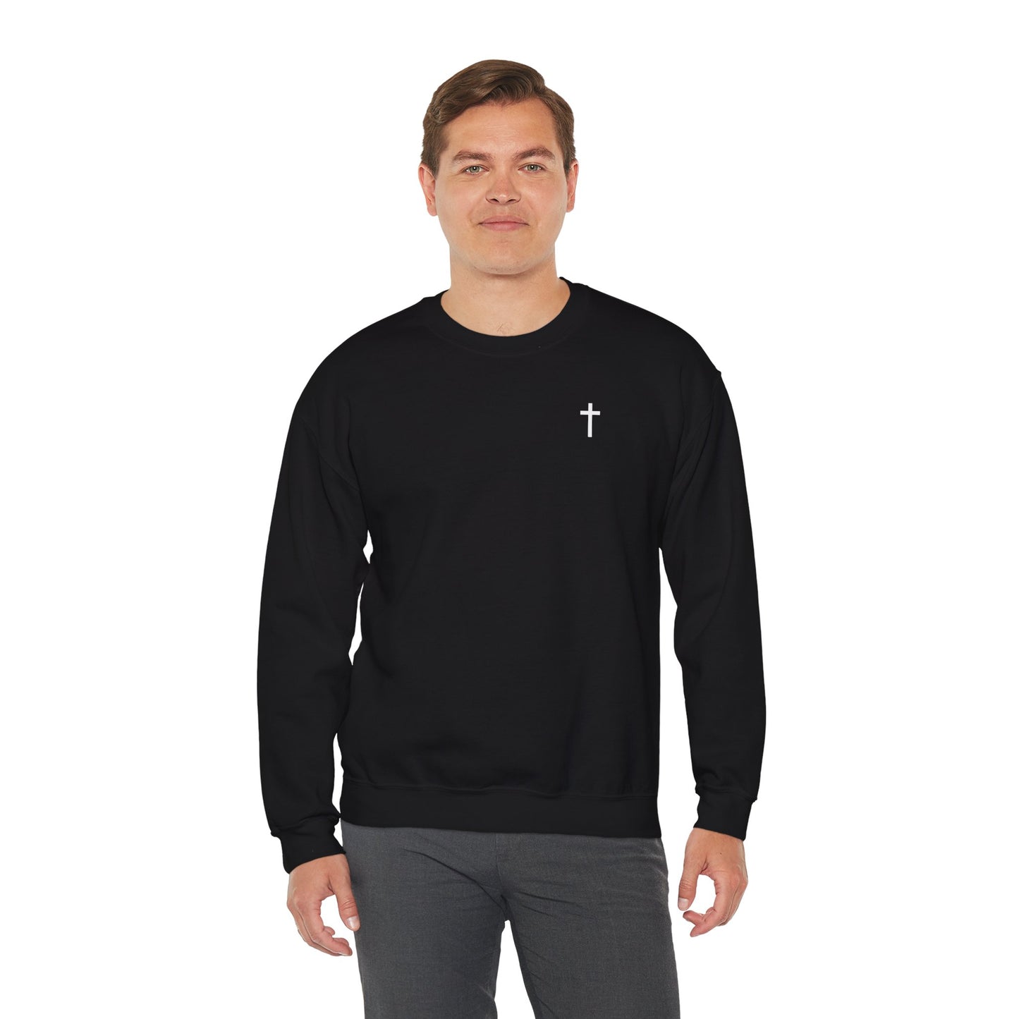 Unisex Simple Christian Heavy Blend Crewneck Sweatshirt with White Cross (Gildan Product)