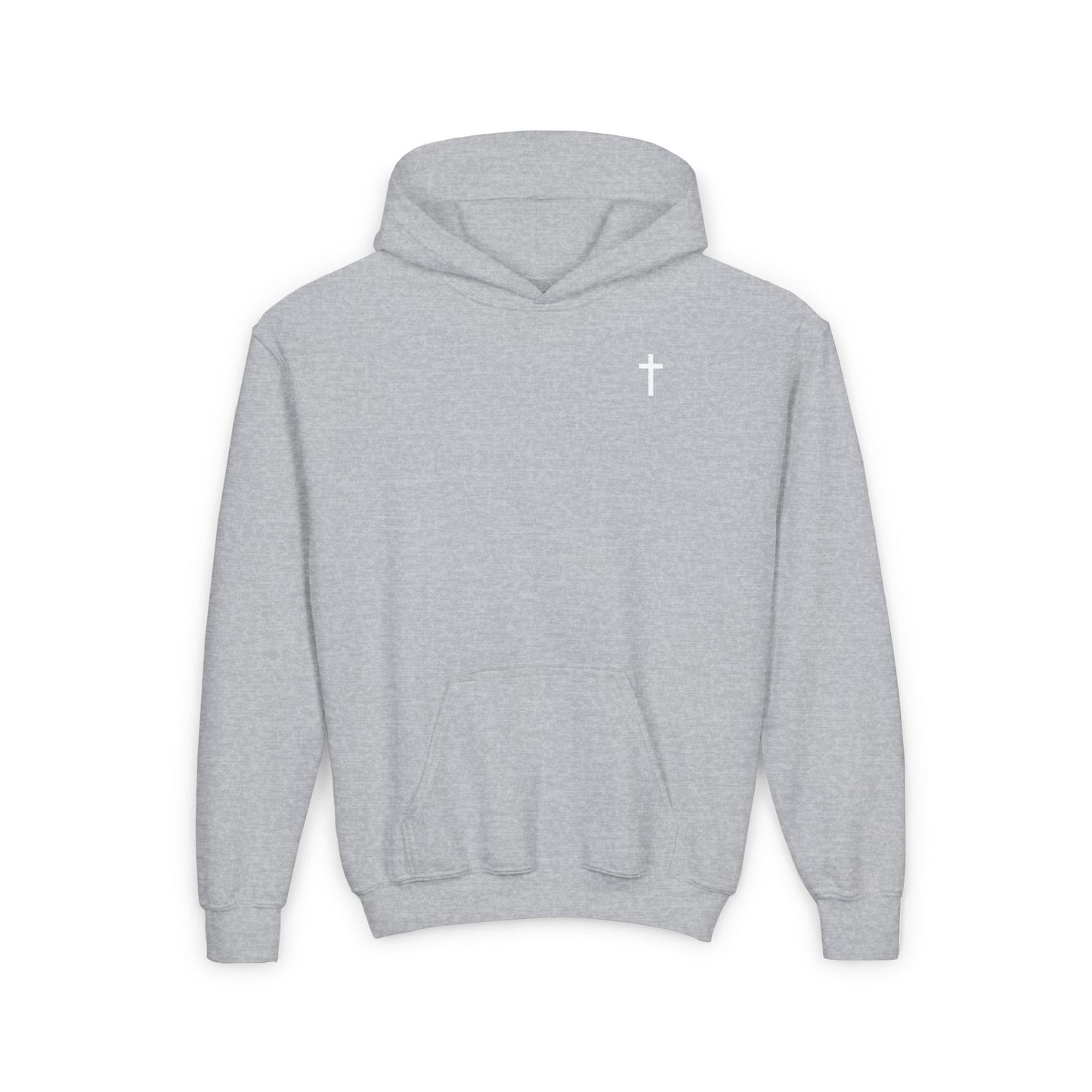 Kids Simple Christian Hooded Sweatshirt with White Cross (Gildan Product)