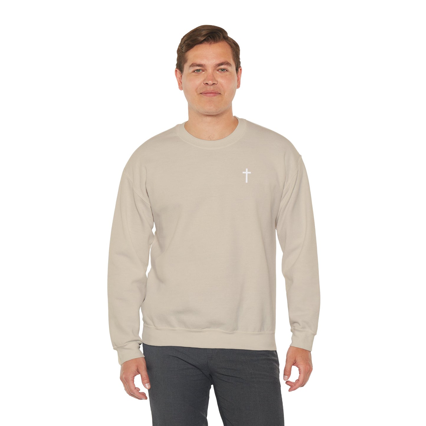 Unisex Simple Christian Heavy Blend Crewneck Sweatshirt with White Cross (Gildan Product)