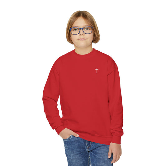 Kids Simple Christian Crewneck Sweatshirt with White Cross (Gildan Product)