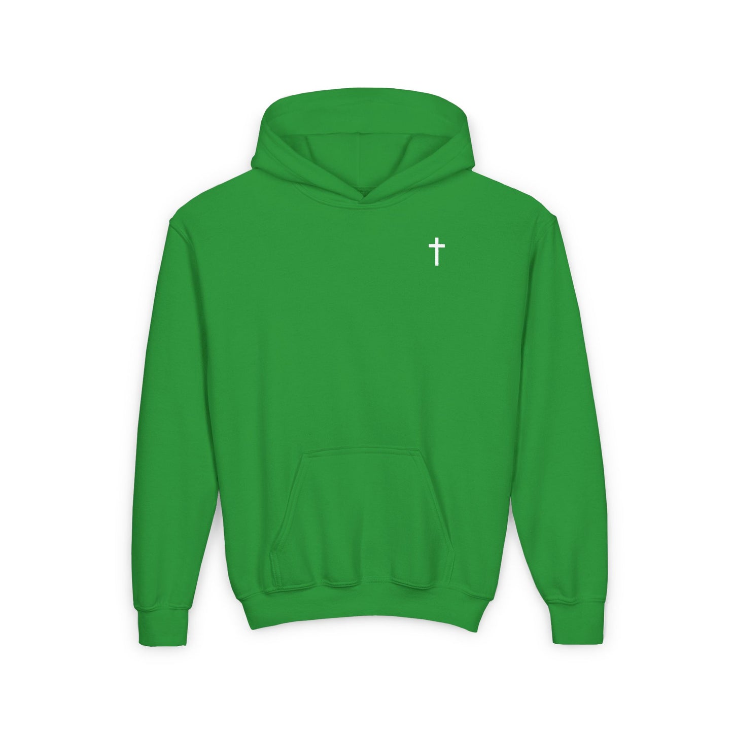 Kids Simple Christian Hooded Sweatshirt with White Cross (Gildan Product)